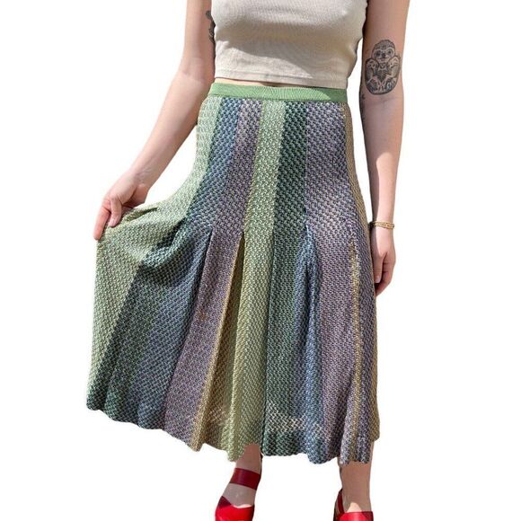 Vintage 1970s Womens Pleated Knit Sheer Midi Length High Waisted Boho Skirt Sz M - Picture 1 of 6